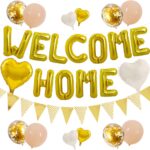 Kit de ballons dorés « Welcome Home » avec cœurs, ballons confettis et fanions pour décorer une crémaillère