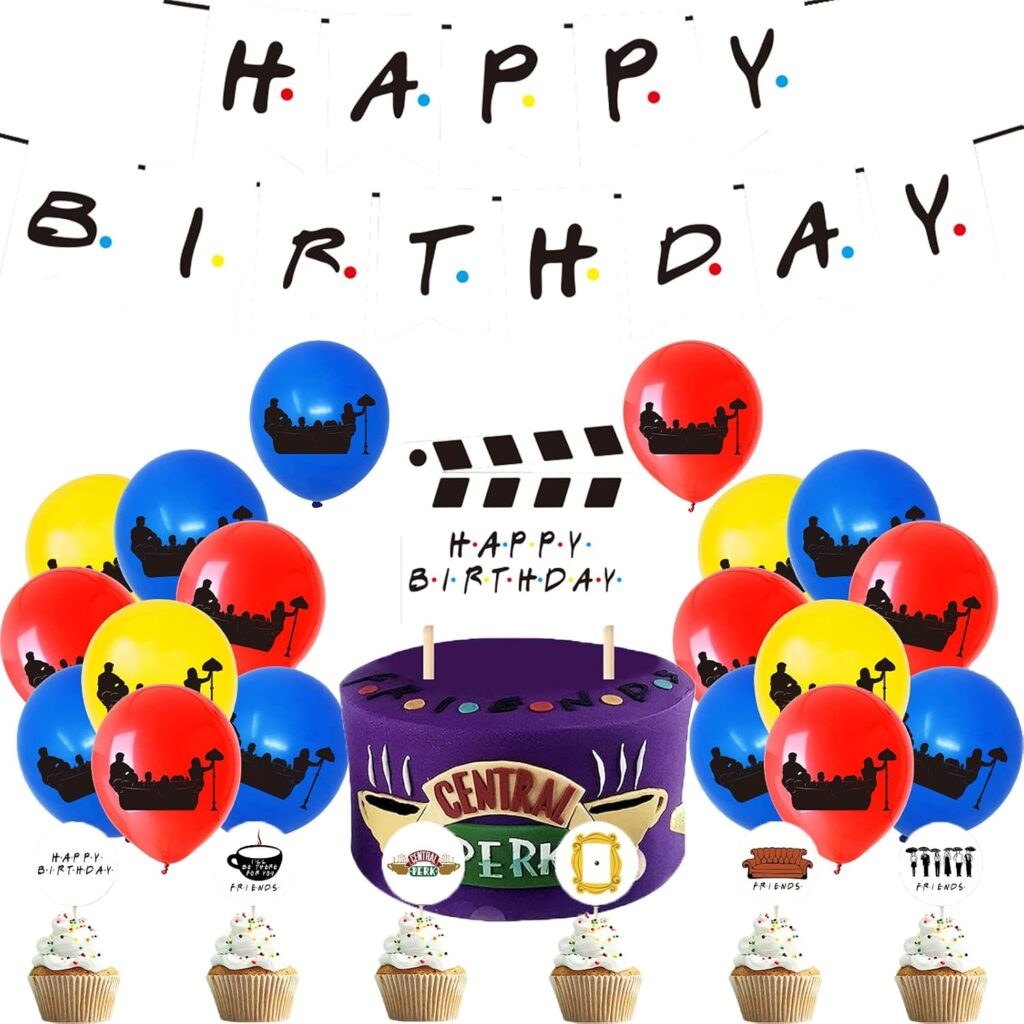 Kit de décoration d'anniversaire Friends : bannière Happy Birthday, ballons et toppers Central Perk