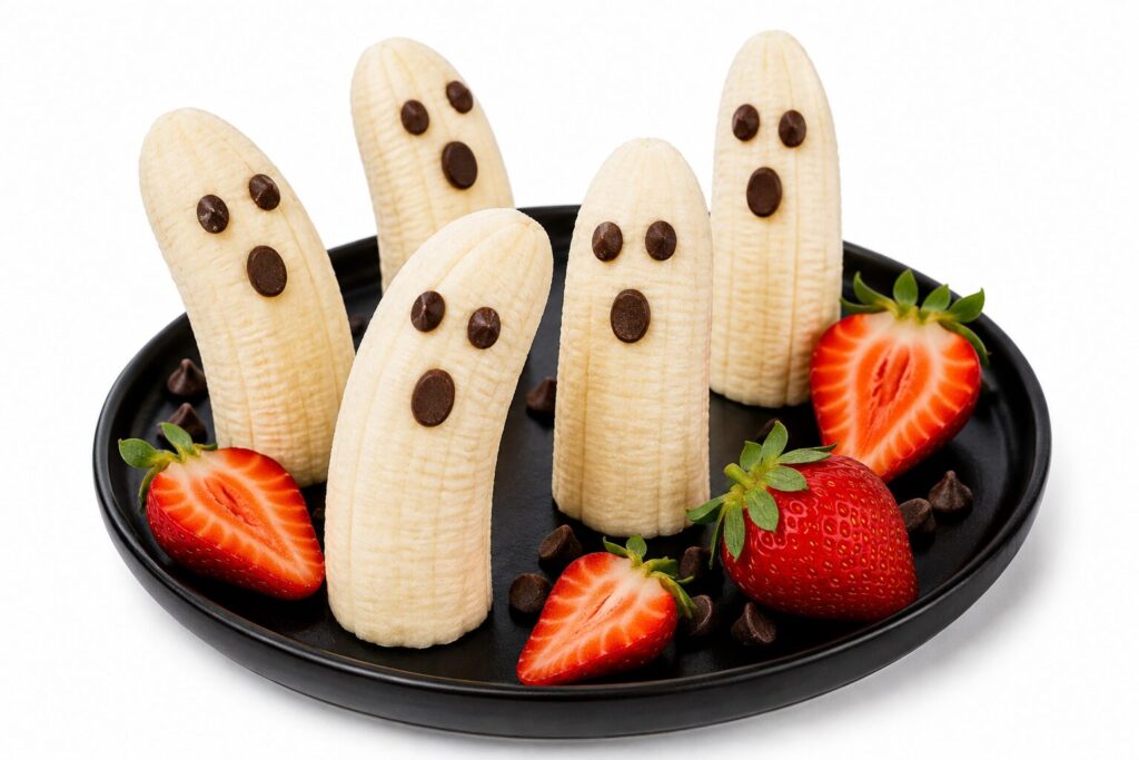 Bananes fantômes avec yeux et bouche en pépites de chocolat et fraises sur une assiette noire, goûter Halloween