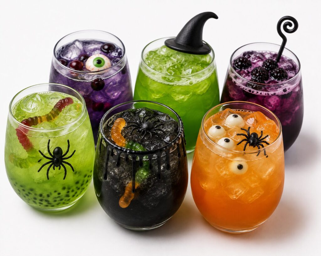 Six boissons de sorcière colorées décorées d'araignées, d'yeux, de bonbons et d'un chapeau pointu pour Halloween