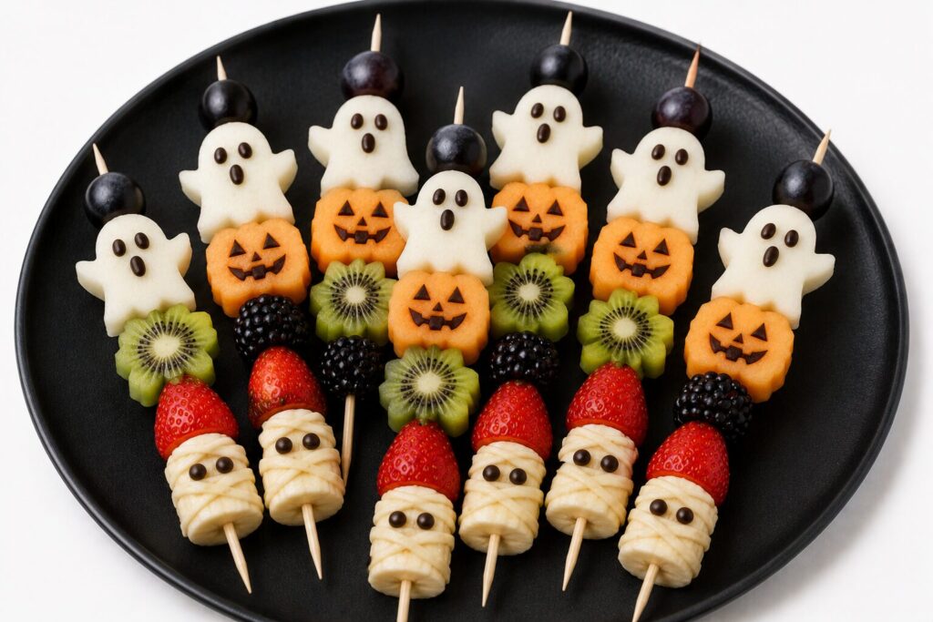 Brochettes de fruits d'Halloween : banane en fantôme et momie, melon en citrouille, kiwi, fraise et raisin