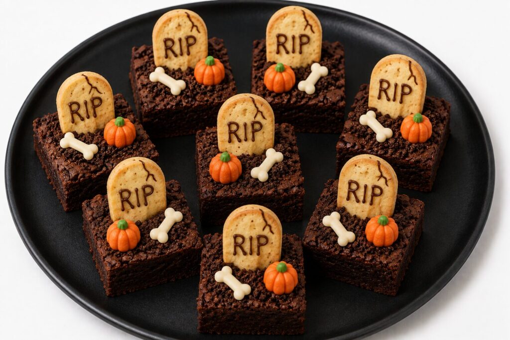 Brownies cimetière : carrés de chocolat avec pierres tombales RIP en biscuit, os et mini citrouilles en sucre