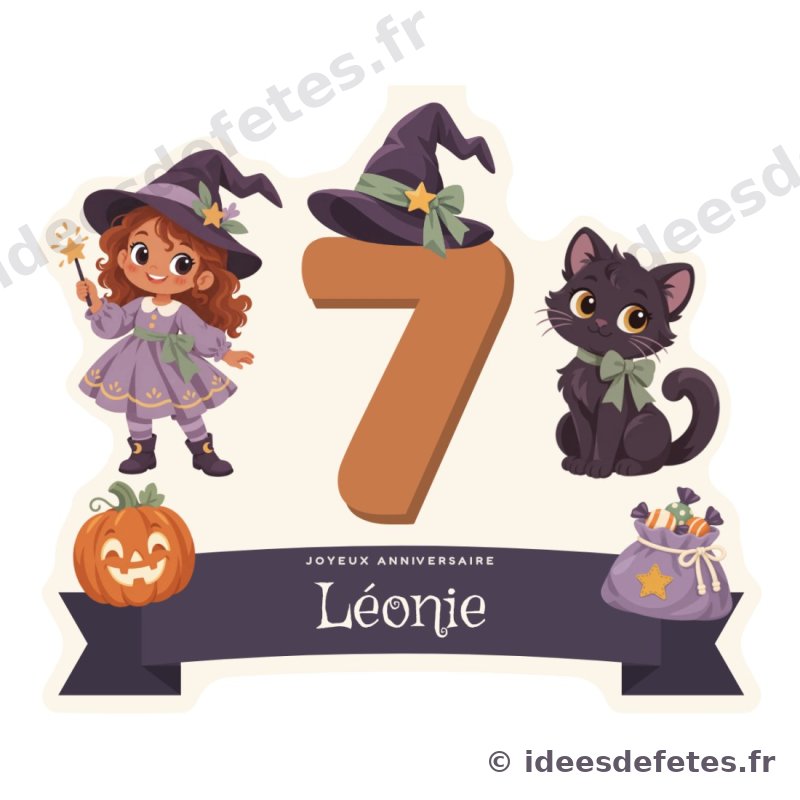 Cake topper d’anniversaire Halloween à imprimer : l’âge en grand sous le chapeau de sorcière, le prénom sur un ruban, la sorcière et le chat noir