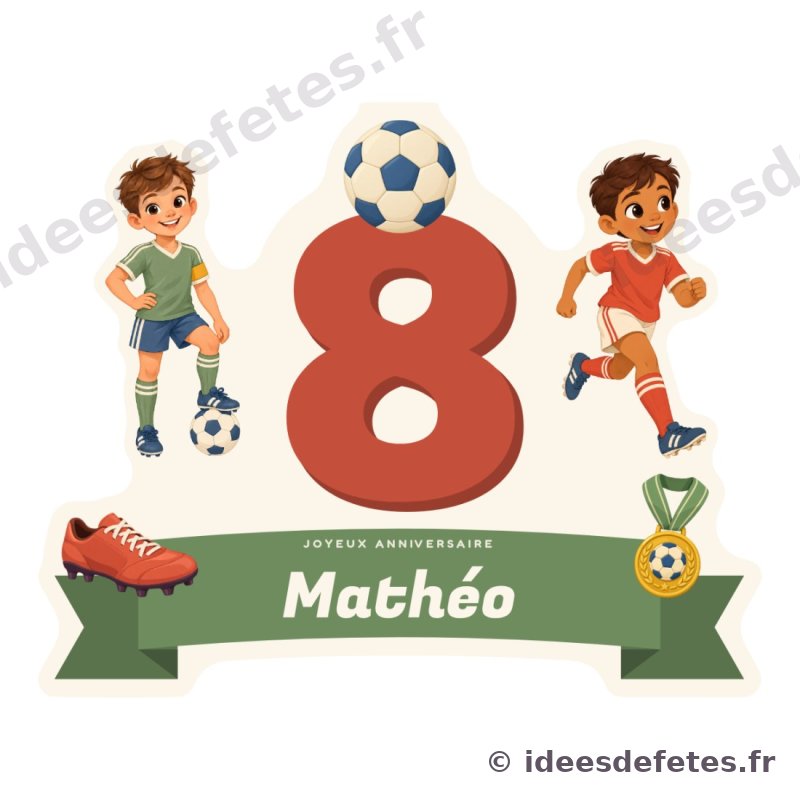 Cake topper football à imprimer : l'âge en grand coiffé d'un ballon, le prénom sur un ruban, le capitaine et l'attaquant