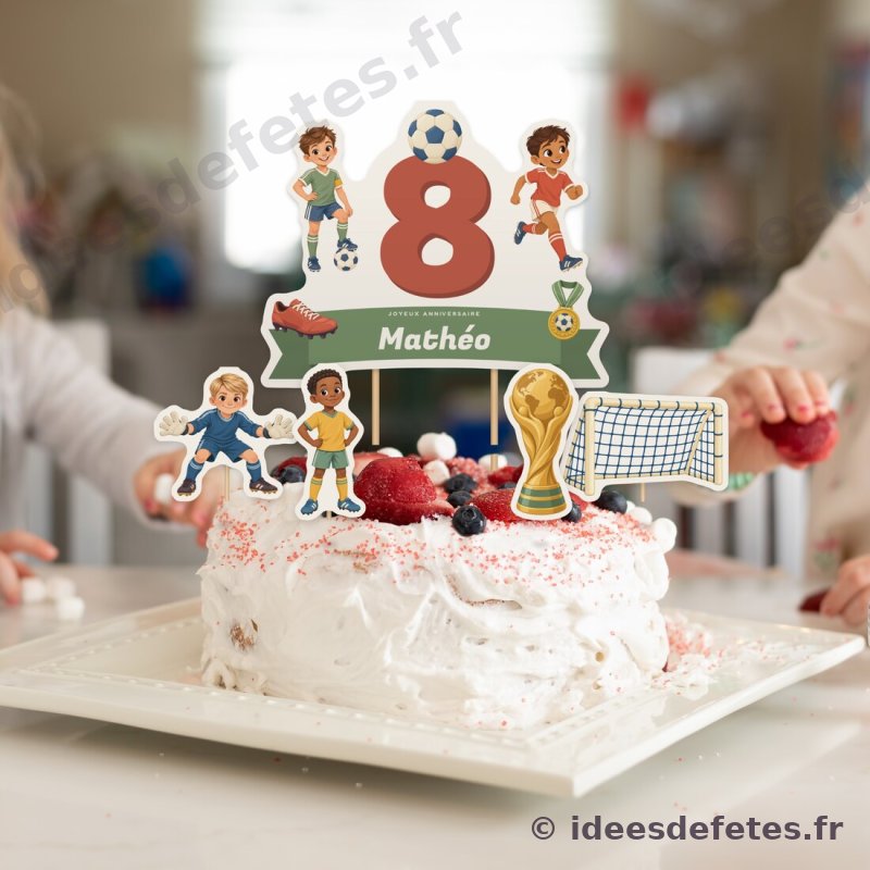 Cake topper football planté sur le gâteau : l'âge en grand coiffé d'un ballon, le prénom sur un ruban vert, les joueurs et le trophée