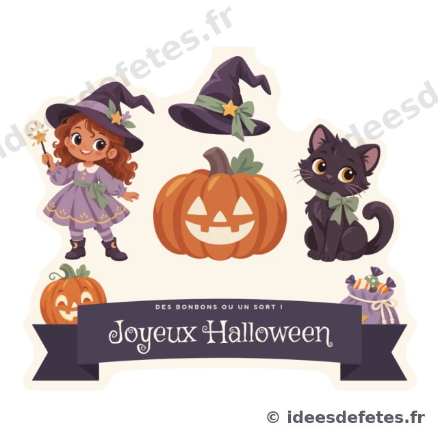 Cake topper d’Halloween à imprimer : la citrouille sculptée coiffée du chapeau pointu, Joyeux Halloween sur un ruban prune, la sorcière et le chat noir