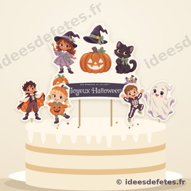 Cake topper d’Halloween à imprimer, planté sur le gâteau : la citrouille sous le chapeau pointu, Joyeux Halloween sur le ruban, la sorcière et le chat noir