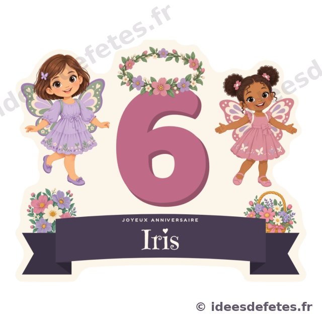 Cake topper papillon à imprimer : l’âge en grand sous une couronne de fleurs, le prénom sur un ruban, deux fillettes ailées