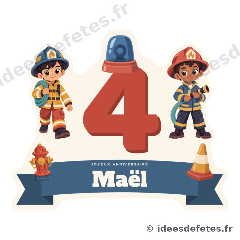 Cake topper pompier à imprimer : l’âge en grand chiffre coiffé d’un gyrophare, le prénom sur un ruban et deux jeunes pompiers