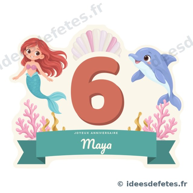 Cake topper sirène à imprimer : l’âge en grand sous une coquille en éventail, le prénom sur un ruban turquoise, la sirène et le dauphin de chaque côté