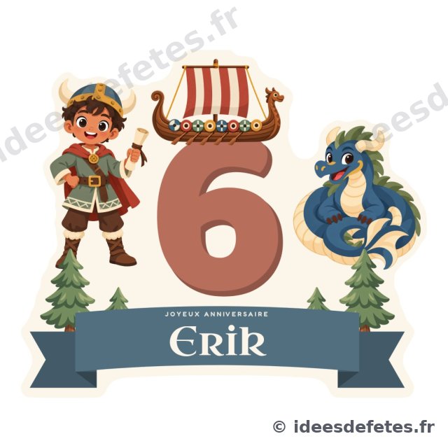 Cake topper viking à imprimer : l’âge en grand avec le drakkar posé dessus, le prénom sur un ruban bleu, le navigateur et le dragon de chaque côté