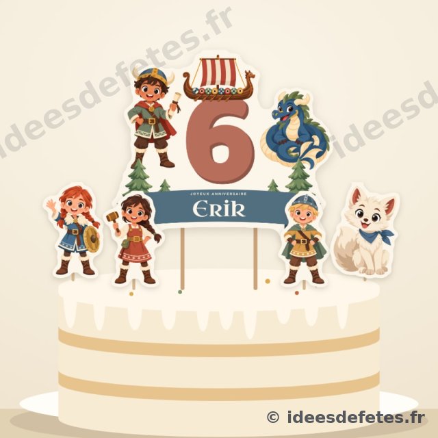 Cake topper viking à imprimer, planté sur le gâteau d’anniversaire : l’âge en grand sous le drakkar, le prénom, le navigateur et le dragon