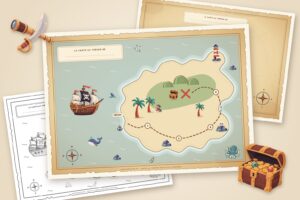 Cartes au trésor à imprimer : la carte pirate en couleur posée sur la carte vierge et la carte à colorier