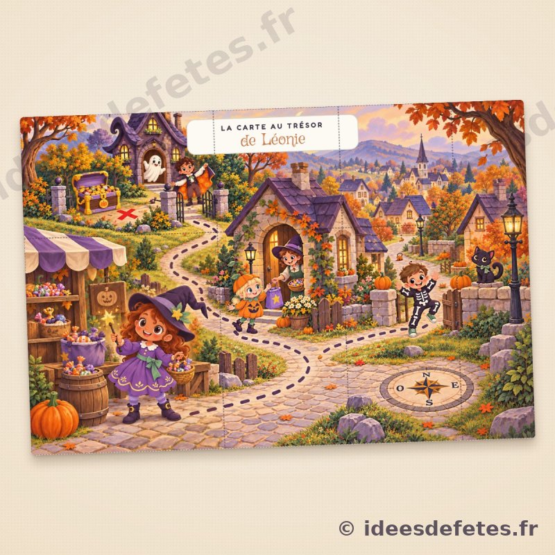 Carte de la chasse aux bonbons d’Halloween à reconstituer : le chemin dans les ruelles du village jusqu’à la Maison Hantée