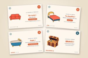 Chasse au trésor 5 ans à imprimer : cartes en images du canapé, du lit et de la baignoire, et le coffre du trésor