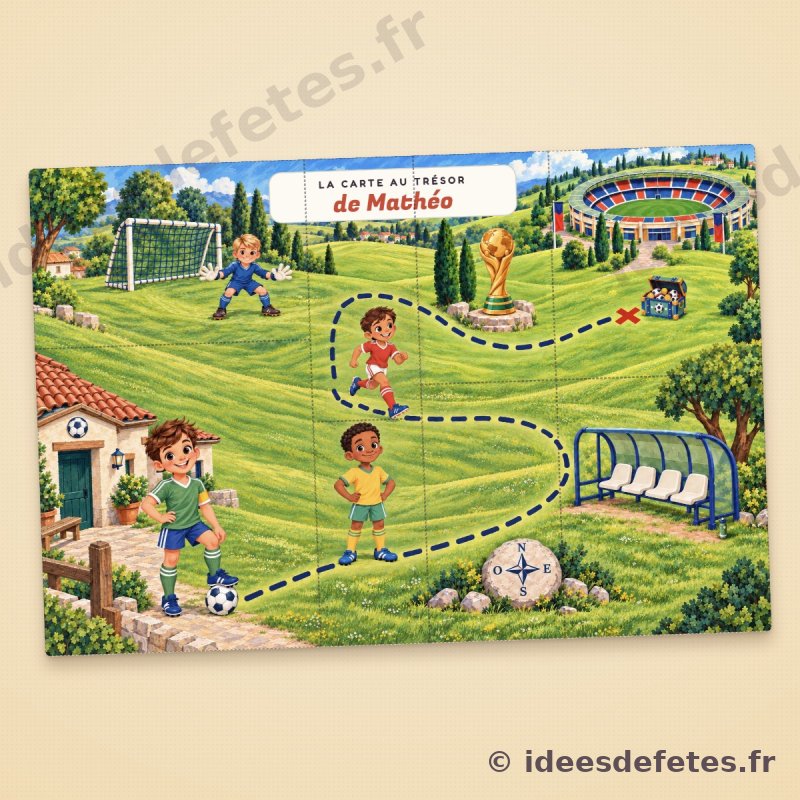 Carte au trésor football à reconstituer : le chemin en pointillés de la maison au coffre, au pied du stade
