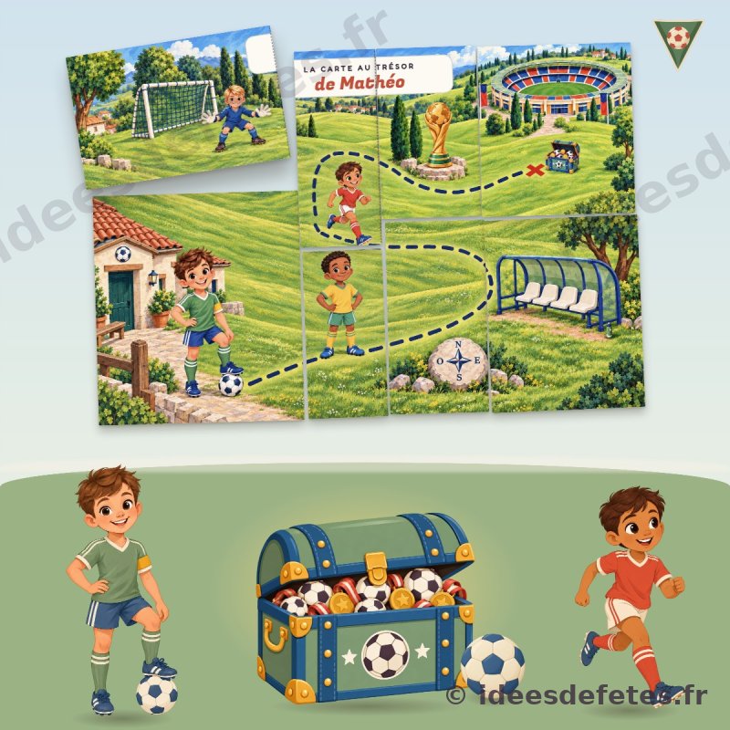 Chasse au trésor football à imprimer : la carte du stade déchirée en morceaux, le coffre du grand match, le capitaine et l'attaquant
