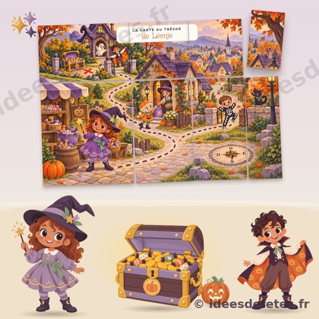Chasse aux bonbons d’Halloween à imprimer : la carte de la Maison Hantée à reconstituer, le coffre, la sorcière et le vampire