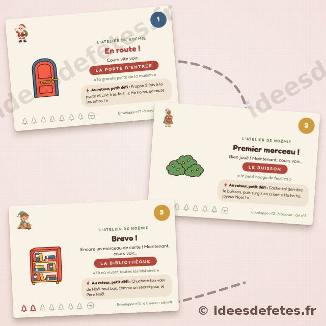 Cartes d’indices de la chasse au trésor de Noël au prénom de Noémie : la porte d’entrée, le buisson, la bibliothèque