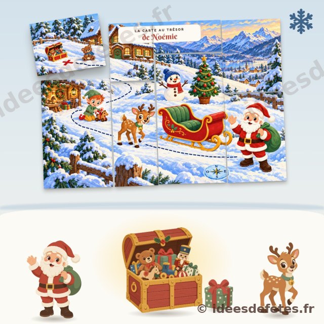 Chasse au trésor de Noël à imprimer : la carte du village du Père Noël à reconstituer et les cartes d’indices