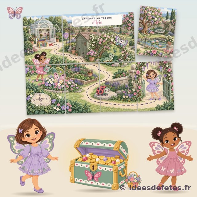Chasse au trésor papillon à imprimer : la carte du jardin à reconstituer, le coffre et les deux fillettes ailées