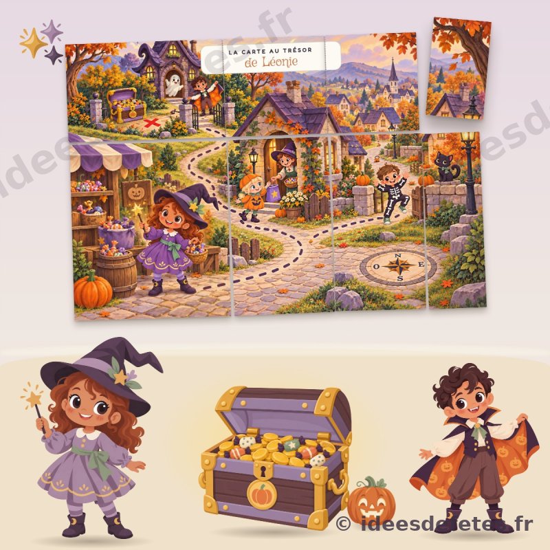 Chasse aux bonbons d’Halloween à imprimer : la carte du village à reconstituer, le coffre aux bonbons, la petite sorcière et le vampire