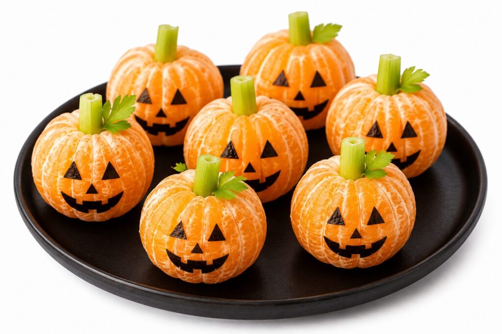 Clémentines épluchées en citrouilles d'Halloween avec visage dessiné et tige en céleri, recette fruitée pour enfants