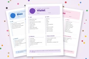 Listes de courses color party à imprimer : les feuilles bleue, violette et rose posées en éventail