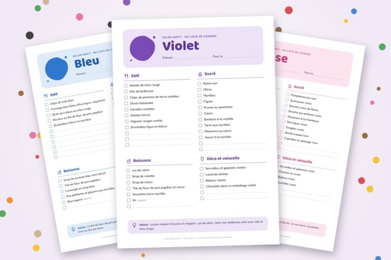 Listes de courses color party à imprimer : les feuilles bleue, violette et rose posées en éventail