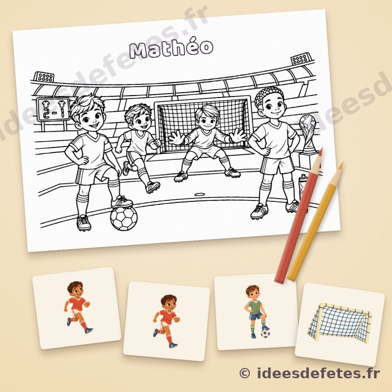 Coloriage football au prénom de l'enfant, les quatre joueurs devant le but du stade, avec les crayons et les cartes du memory
