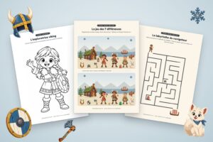 Coloriages et jeux vikings à imprimer : coloriage de l’exploratrice, jeu des 7 différences et labyrinthe du navigateur