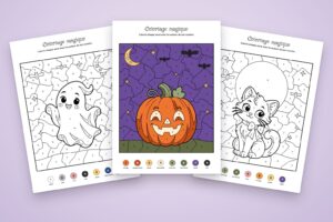 Coloriages magiques Halloween à imprimer : le fantôme et le chat à colorier, la citrouille déjà coloriée, posés en éventail