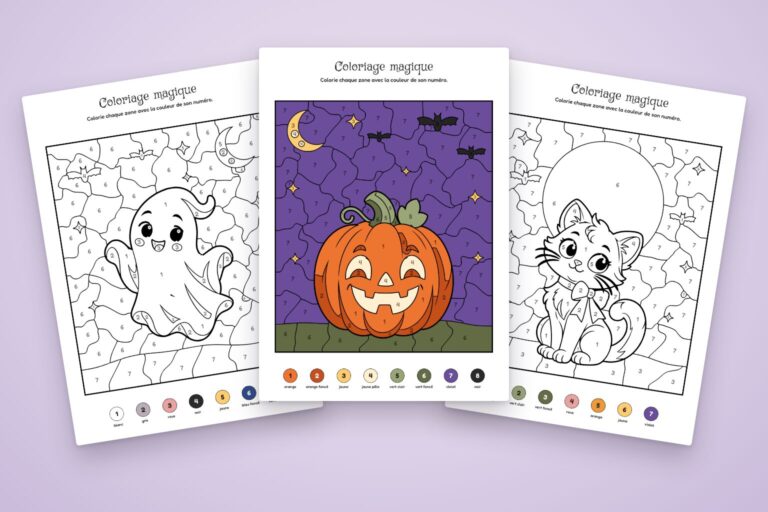 Coloriages magiques Halloween à imprimer : le fantôme et le chat à colorier, la citrouille déjà coloriée, posés en éventail