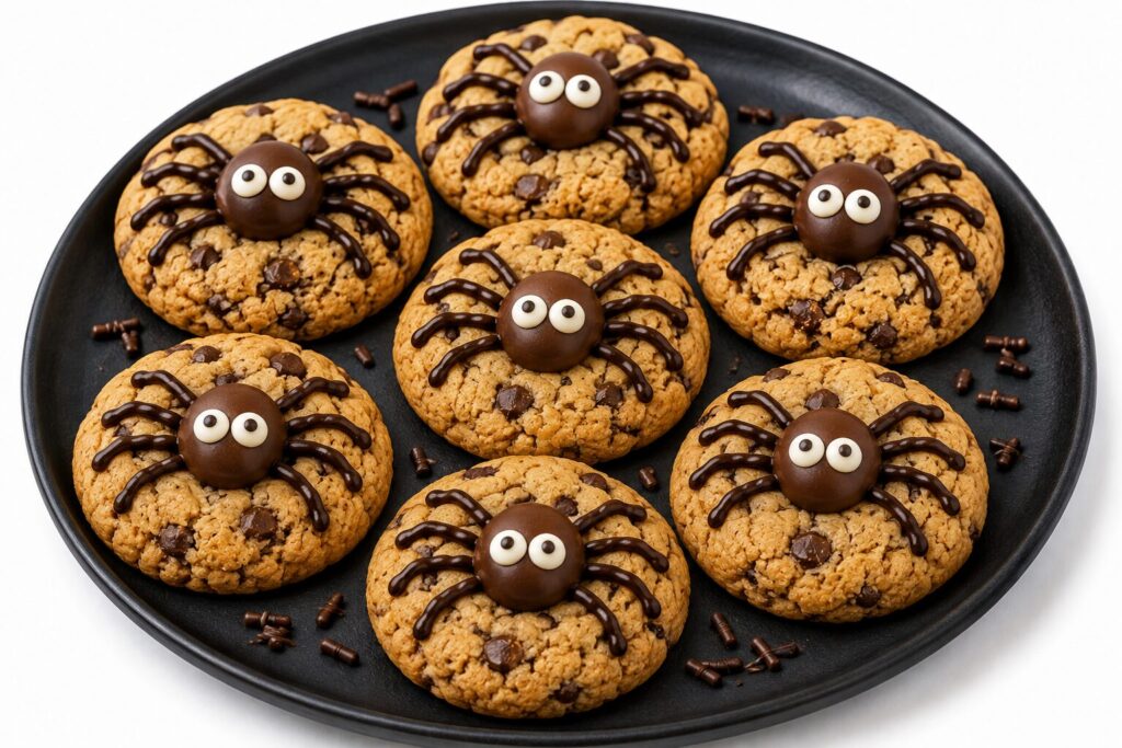 Cookies araignées aux pépites avec pattes en chocolat et gros yeux, gourmandise facile pour un goûter Halloween