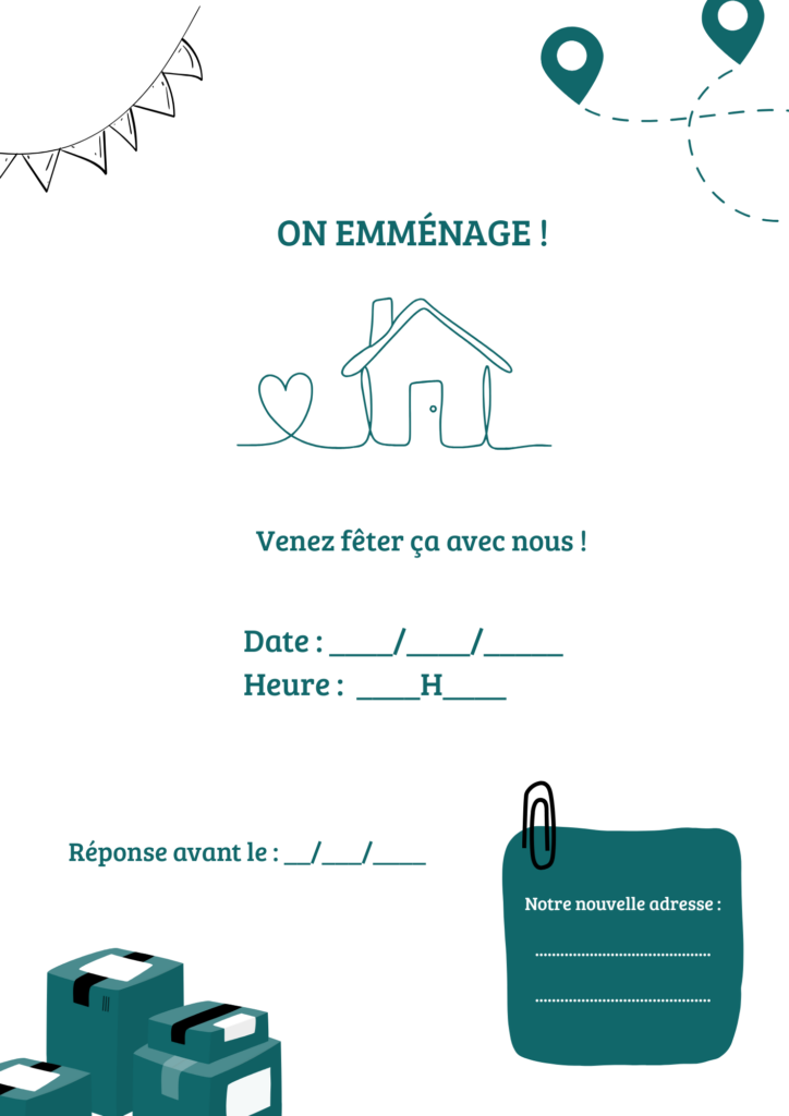 Invitation de crémaillère « On emménage ! » vert canard avec maison, date, heure et nouvelle adresse à remplir