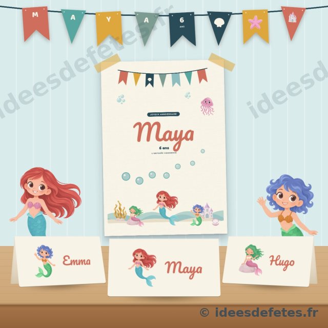 Décoration d’anniversaire sirène à imprimer : guirlande au prénom, affiche de bienvenue et marque-places sur la table