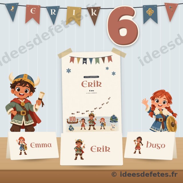 Décoration d’anniversaire viking à imprimer : guirlande au prénom, affiche de bienvenue et marque-places sur la table