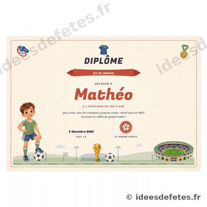 Diplôme d'As du ballon personnalisé à imprimer, au prénom de l'enfant, avec le capitaine, le trophée et le stade