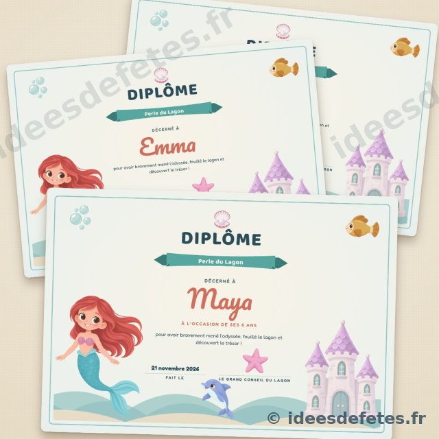 Diplôme de Perle du Lagon personnalisé à imprimer, au prénom de chaque enfant, avec la sirène et le château de corail