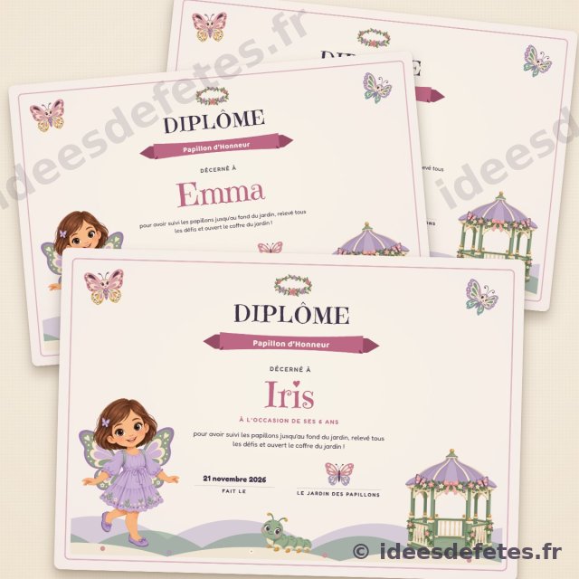 Diplôme de Papillon d’Honneur personnalisé à imprimer, au prénom de chaque enfant, avec la fillette aux ailes mauves