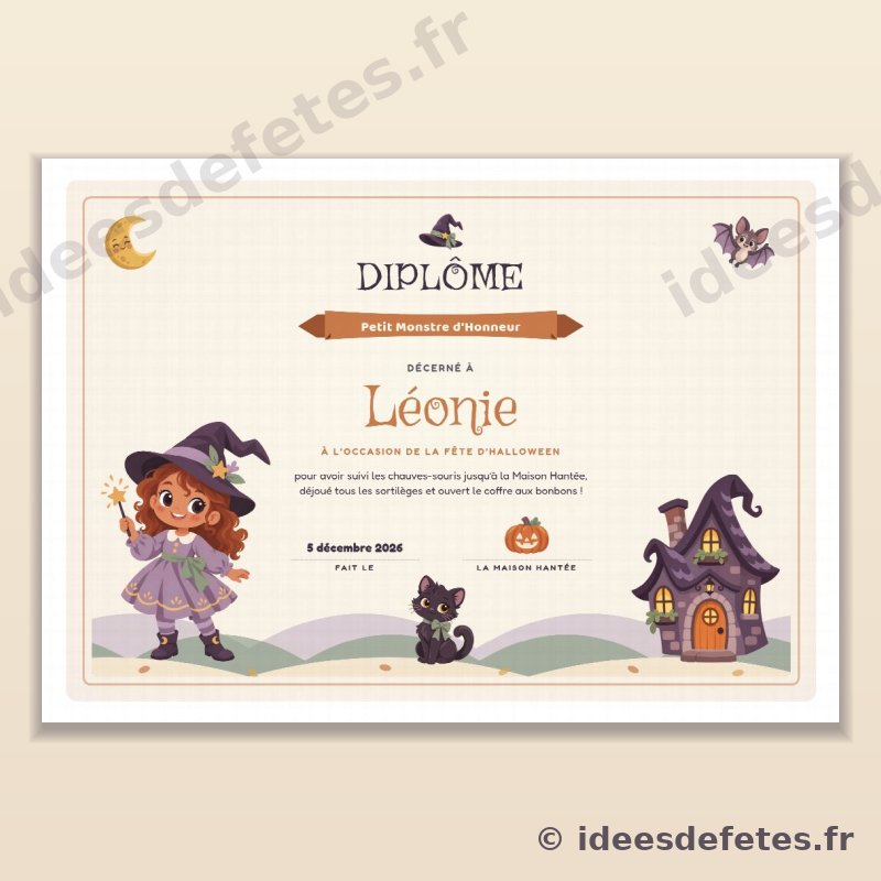 Diplôme de Petit Monstre d’Honneur à imprimer, au prénom de l’enfant, avec la petite sorcière, la Maison Hantée et le chat noir