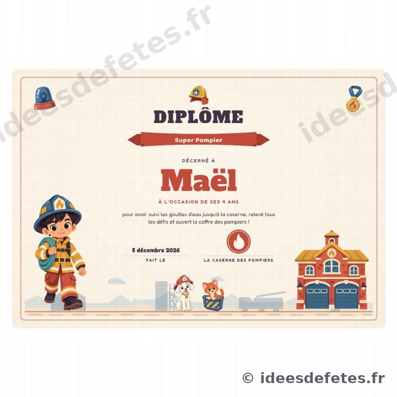 Diplôme de Super Pompier à imprimer, au prénom de l’enfant, avec un jeune pompier et la caserne de briques