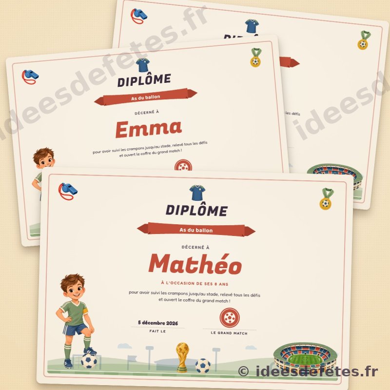 Diplômes d'As du ballon à imprimer, au prénom de chaque enfant, avec le capitaine et le stade