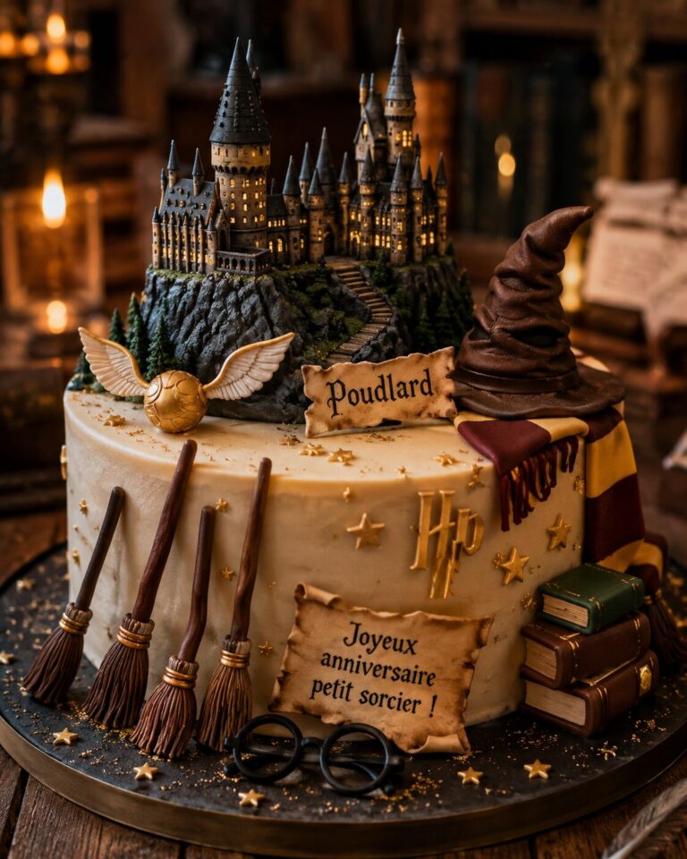 Gâteau d'anniversaire Harry Potter : Poudlard, Vif d'or, Choixpeau, balais et message « Joyeux anniversaire petit sorcier »