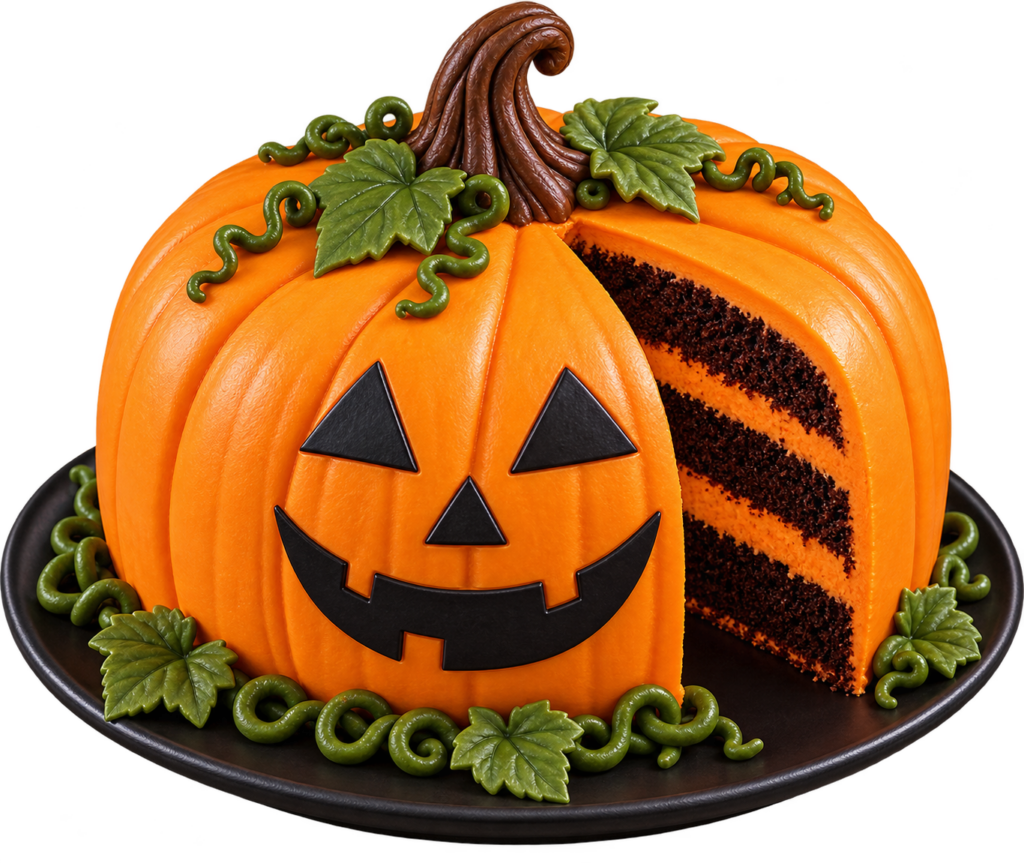 Gâteau citrouille orange au visage de Jack-o'-lantern, part coupée révélant des couches de chocolat