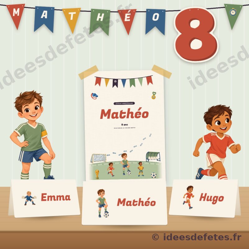 Guirlande d’anniversaire football au prénom de l’enfant et à son âge, au-dessus de l’affiche et des marque-places des joueurs
