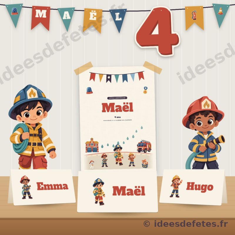 Guirlande d’anniversaire pompier au prénom de l’enfant et à son âge, au-dessus de l’affiche et des marque-places de la brigade