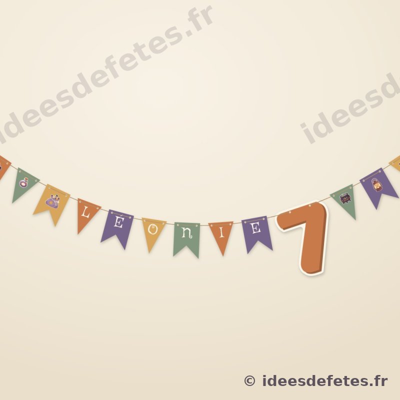 Guirlande de fanions d’Halloween à imprimer : le prénom de l’enfant lettre par lettre, son âge en grand chiffre et les fanions à motifs