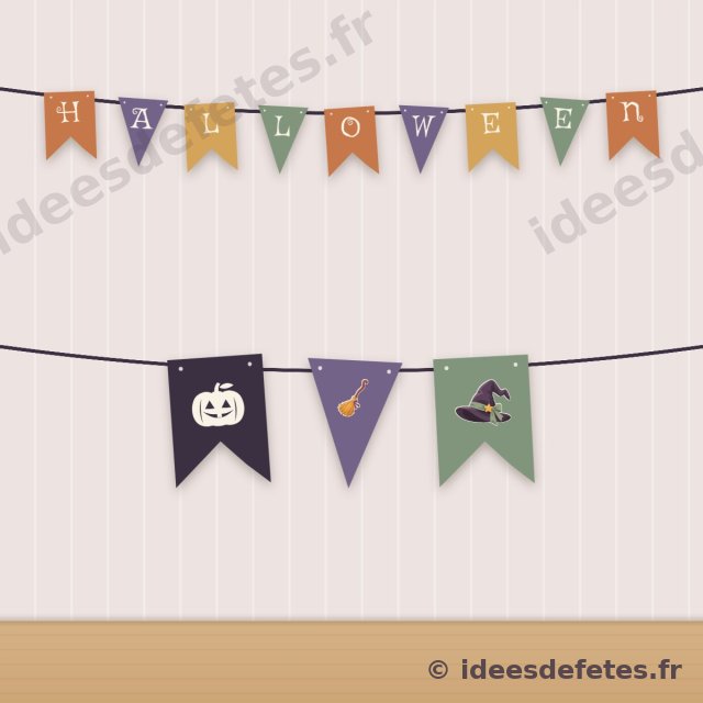 Guirlande de fanions d’Halloween à imprimer : les lettres sur les fanions, la citrouille, le balai et le chapeau pointu