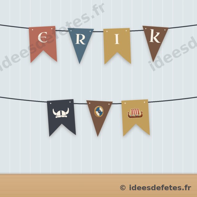 Guirlande de fanions viking à imprimer : le prénom de l’enfant épelé lettre par lettre, le casque, le bouclier et le drakkar